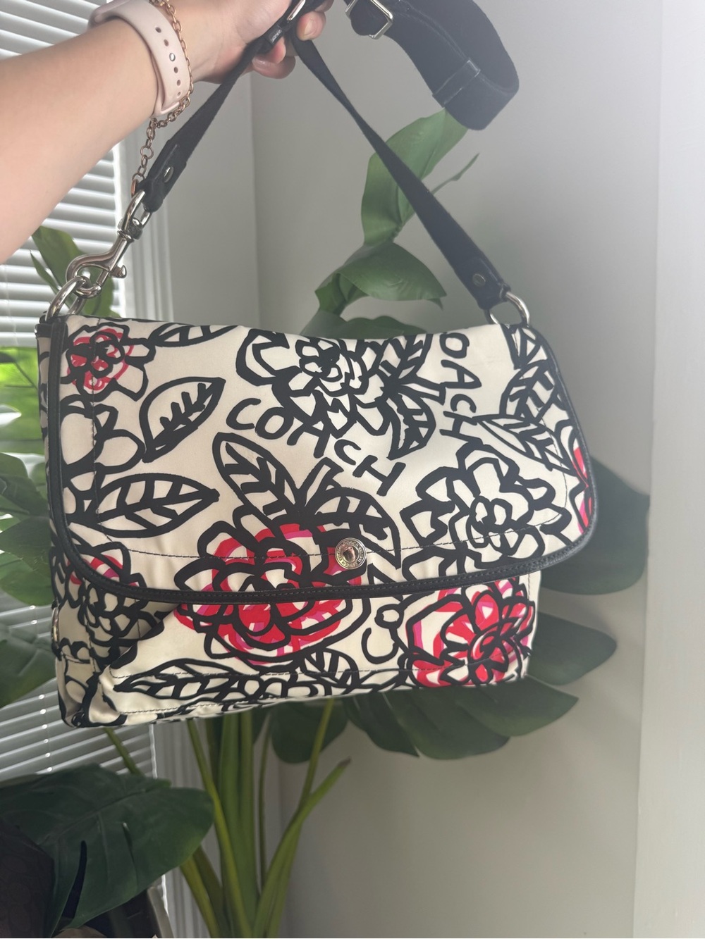 COACH Floral Canvas Shoulder Bag in White, Black and Red